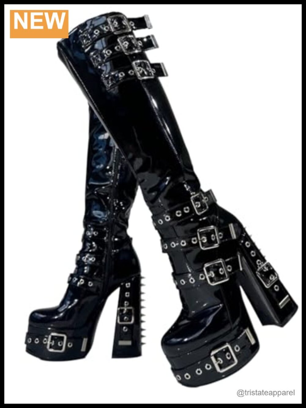 Patent Leather Chunky Platform Knee High Boots with Buckles, Gothic Punk Heels,